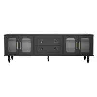 Mobilier TV Retro cu Mânere Aurii, Spațiu Generos de Depozitare, Ușă din Sticlă și Picioare din Lemn Masiv, 175x38x55,5 cm, Negru