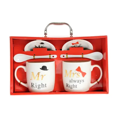 Set 2 cani cu farfurii si lingurite Mr Right & Mrs Always Right