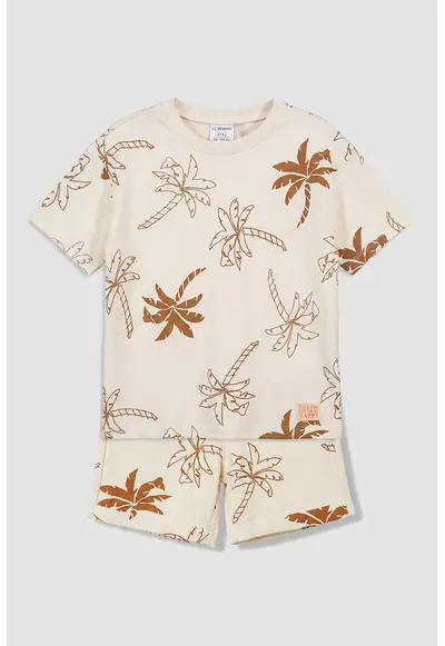 Set de tricou si pantaloni scurti cu imprimeu palmieri - Bej