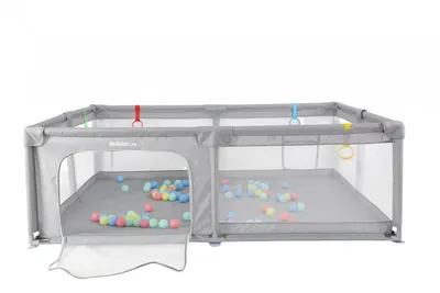 Tarc de joaca pentru copii Nichiduta Light Grey, 200 x 200 x 64cm, cadru metalic, pereti din plasa, covoras din spuma cu doua fete, 4 inele ajutatoare si 100 bilute incluse