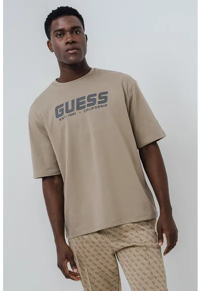 Tricou cu logo si maneci medii - Maro nisip/Gri inchis