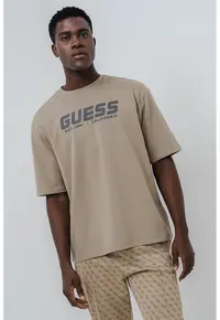 Tricou cu logo si maneci medii - Maro nisip/Gri inchis