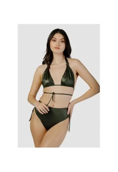 Costum de baie in doua piese cu cupe triunghiulare si slip cu talie inalta - Verde