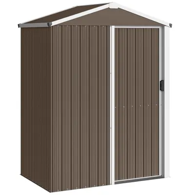 Outsunny Magazie de Grădină 1.1m² din Oțel Galvanizat, Capannă de Grădină cu Ușă Glisantă Blocabilă, Acoperiș Înclinat, Mănuși, Magazie pentru Unelte, 136x87x179 cm, Maro | Aosom Romania