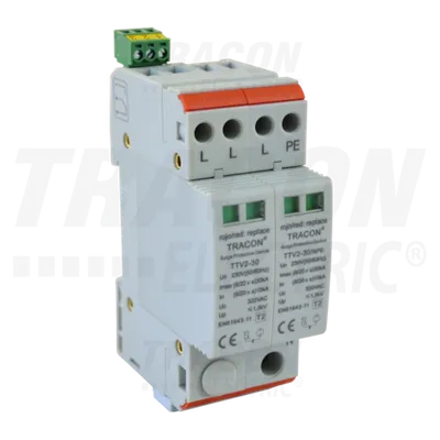 Descarcator de suprat.,AC,cl.2,2mod.,elem.modular inlocuibil TTV2-30-3P+N-PE 230/400 V, 50 Hz, 15/30 kA (8/20 us), 3P+N/PE