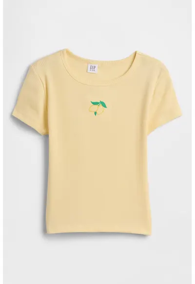 Tricou striat cu broderie cu fructe - Portocaliu deschis