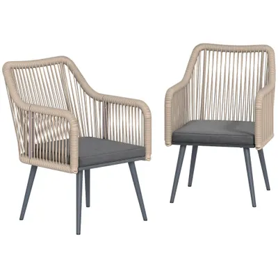 Outsunny Set 2 Scaune de Grădină din Ratan PE cu Perne Moi Lavabile și Brațe, Scaune pentru Dining Exterior din Oțel, pentru Terasă, Balcon, Grădină, Exterior, 54x65x80cm, Gri Închis | Aosom Romania