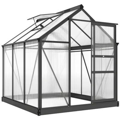 Outsunny Seră de Grădină, Seră din Policarbonat și Aluminiu cu Ușă Culisantă, Ventilație pe Acoperiș și Jgheab, 190x192x201 cm, Gri