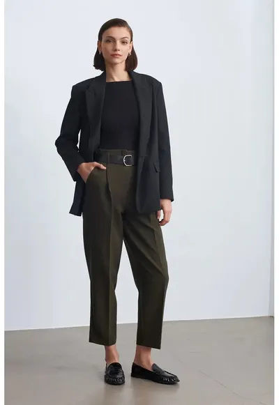Pantaloni dama - talie inalta - croiala dreapta - verde masliniu - crep
