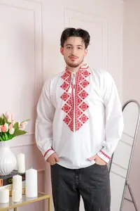 Camasa barbateasca traditionala alba cu motiv geometric rosu Emil 01