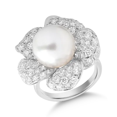 Inel floare din aur alb cu perla de cultura de 12.25ct si diamante de 2.99ct