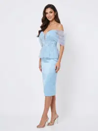 Rochie midi bleu din tul cu broderie frunză