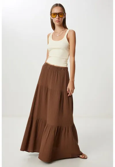 Fusta maxi Happiness Istanbul - talie inalta - bumbac 100% - maro