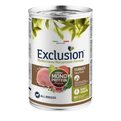 EXCLUSION Mediterraneo Monoprotein Formula, XS-XL, Curcan, conservă hrană umedă monoproteică câini, (pate), 400g