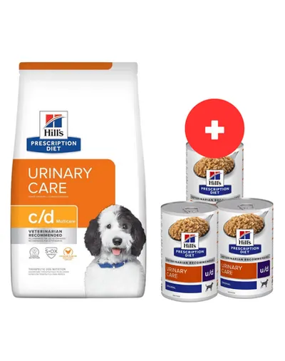 HILL'S Prescription Diet Canine c/d Multicare Chicken 12 kg caini cu tract urinar sensibili + 3 x 370g conserva GRATIS