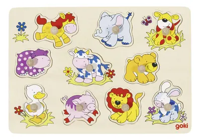 Puzzle din lemn cu manere Goki - Pui de animale