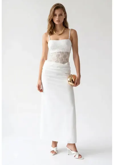 Rochie Maxi - Satin - Alb - Fara Maneci - Decolteu Patrat - Dantela