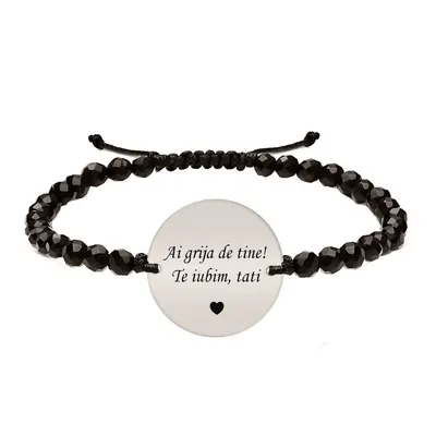 Onixiada - Bratara personalizata pentru tata cu onix fatetat, snur impletit si banut din argint 925