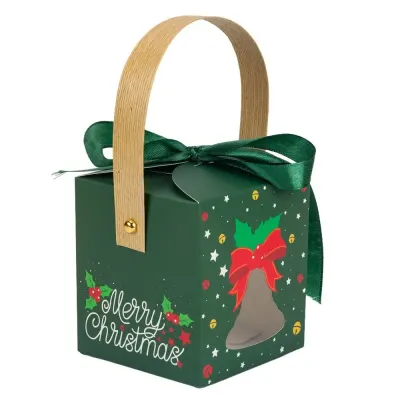 Cutie mică pătrată Crăciun cu fereastră, mâner kraft și fundă - verde (set 50 buc)