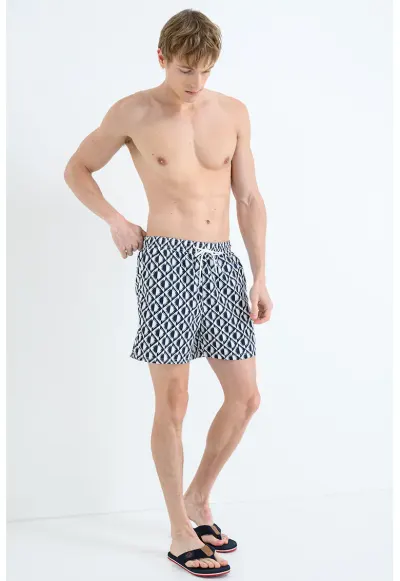 Pantaloni scurti de baie cu model si buzunare laterale - Alb/Albastru oceanic
