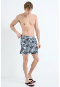 Pantaloni scurti de baie cu model si buzunare laterale - Alb/Albastru oceanic