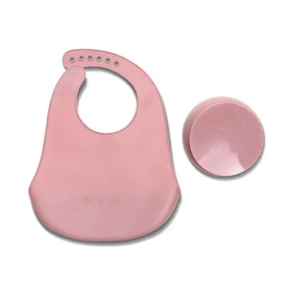 Set de hranire din silicon natural, contine bol cu vacuum si baveta, 6 luni+, Pink