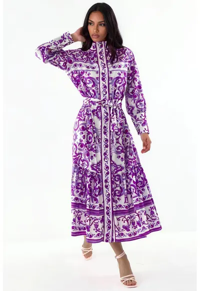 Rochie-camasa maxi - paisley - multicolor - poliester si lycra