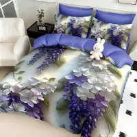 Lenjerie pat dublu, FINET, Imprimeu Digital 5D - Identic cu poza, Cu ELASTIC, 6 piese, Mov, flori liliac