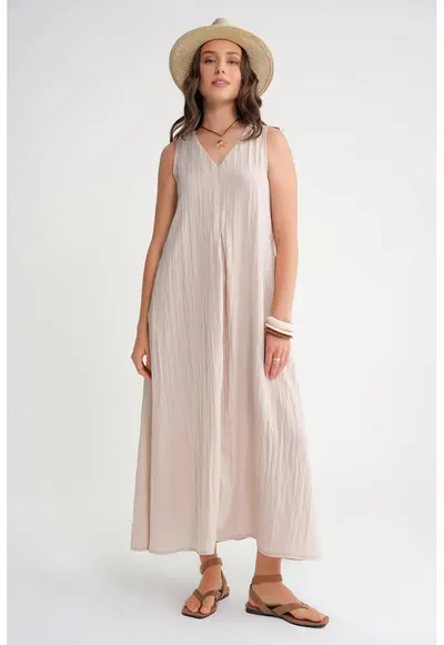 Rochie Maxi - decolteu in V - Stone Natural - textil