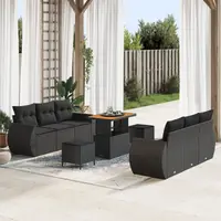 Set de canapea pentru gradina Gossi cu perne negre din ratan poli acacia, set de mese de gradina Gossi cu 3 piese si perne negre din ratan poli acacia