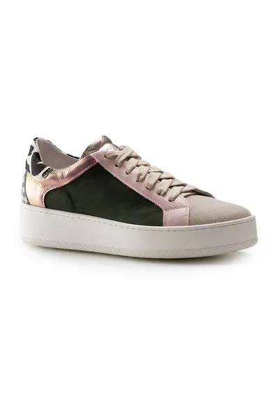 Pantofi sport din piele lacuita - Verde padure/Maro taupe/Roz