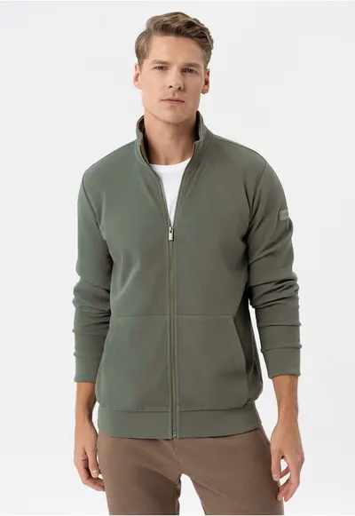 Bluza de trening cu fermoar cu guler inalt - cu buzunare frontale - mansete - Regular Fit - B-Gulf - Kaki