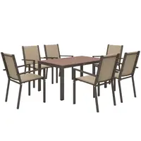 Outsunny Set de Grădină din 7 Piese cu Masă din Plastic-Lemn și 6 Fotolii Stivuibile cu Șezut și Spătar, 150x90x73 cm, Maro | Aosom Romania