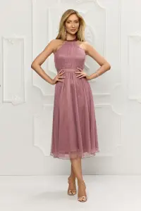 Rochie eleganta roz prafuit din voal plisat si prindere dupa gat