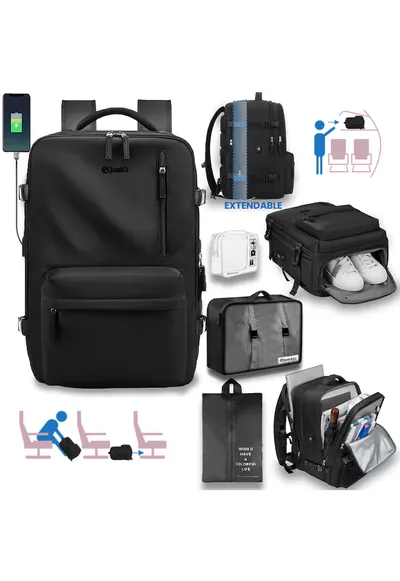 Rucsac voiaj + husa haine + sac rufe + trusa calatorie - bagaj mana extensibil - Negru