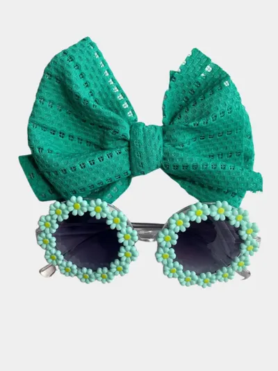 Set Ochelari de Soare pentru Fetite, Model Floricele Vesele, Marime Universala - Verde