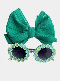 Set Ochelari de Soare pentru Fetite, Model Floricele Vesele, Marime Universala - Verde