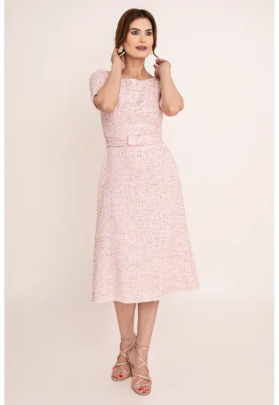 Rochie midi cu maneci medi Aida - Alb/Roz prafuit