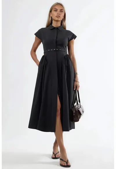 Rochie midi cu cordon - guler - Negru