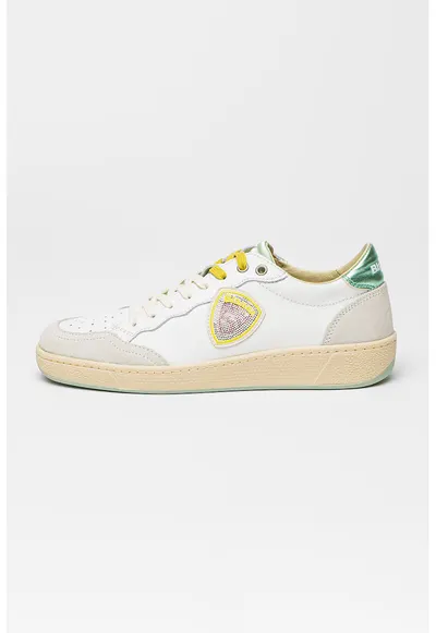 Pantofi sport de piele cu logo cu strasuri - Alb/Verde/Gri deschis
