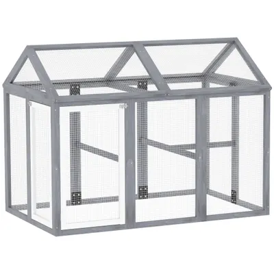 PawHut Incintă pentru găini 1,18 m², parc cu plasă și uși cu închidere, cadru din lemn masiv, 140 x 88,5 x 106 cm, gri | Aosom Romania