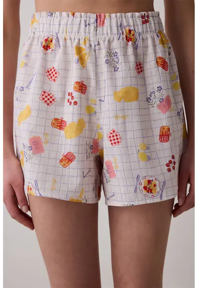 Pijama cu pantaloni scurti din bumbac si imprimeu grafic - Rosu/Alb/Galben