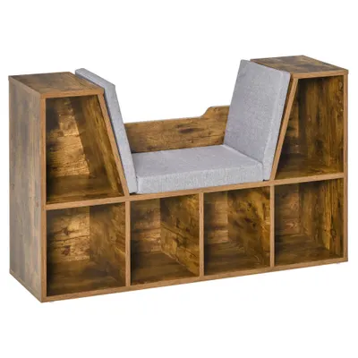 HOMCOM Bibliotecă-bancă 2 în 1 cu perne de șezut, etajeră cub cu 6 compartimente deschise, 102 x 30 x 61 cm, maro rustic | Aosom Romania