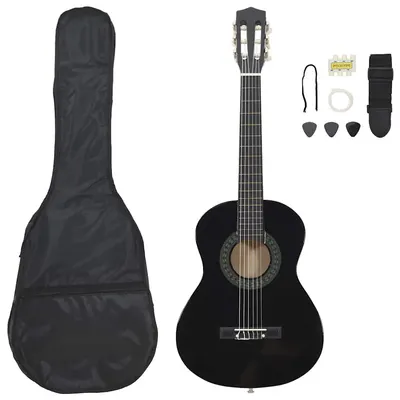 vidaXL Set de chitară clasică începători, 8 piese, negru, 1/2 34"
