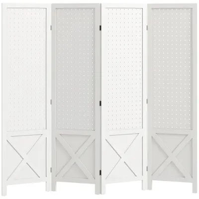 HOMCOM Paravan interior din lemn 4 panouri separator de cameră pliabil panou perforat 152 x 1,7 x 144,5 cm alb | Aosom Romania