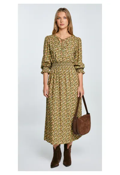 Rochie midi cu imprimeu floral si decolteu in V - Galben