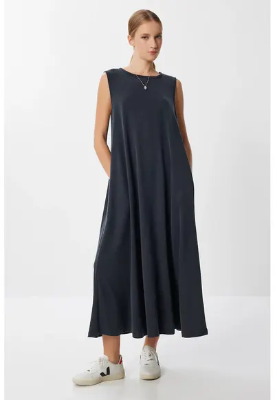 Rochie midi Happiness Istanbul - lejera - gri - cu buzunare - bumbac