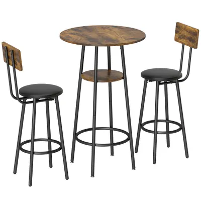 HOMCOM Set masă înaltă industrial cu 2 taburete tapițate, suporturi pentru picioare, cadru metalic, masă de bucătărie cu raft, Maro rustic | Aosom Romania