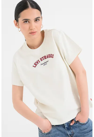 Tricou din bumbac cu decolteu la baza gatului - Alb/Visiniu