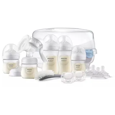 Pompa manuala de san, Philips Avent, Set cadou cu biberoane anticolici Natural Response, suzete si sterilizator microunde, Fara BPA, 0 luni+, Alb